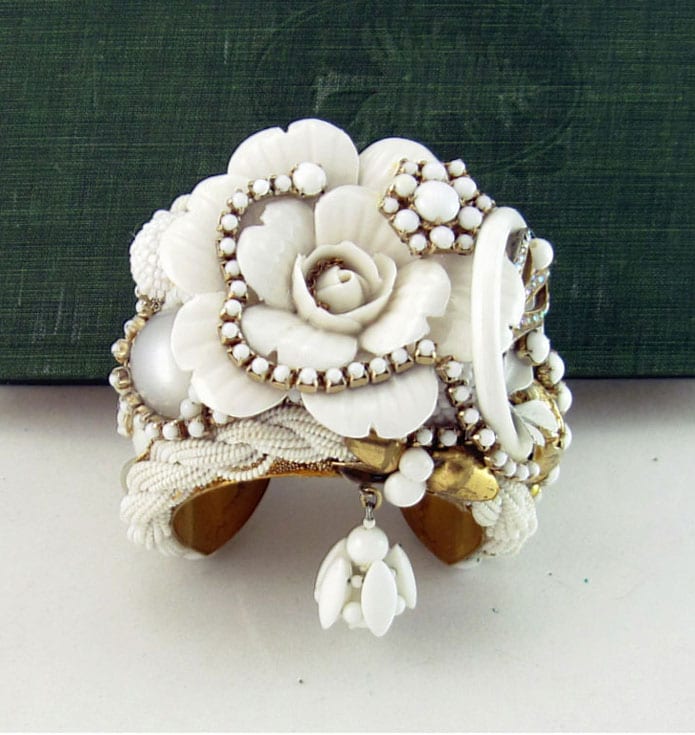 White Porcelain Rose Cuff Bracelet | Art Couture Jewelry