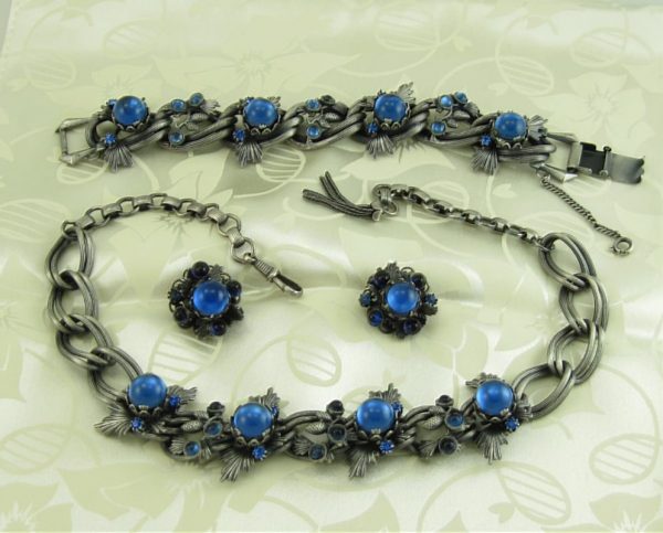 Blue Cabochon Pinecone GERMAN Vintage Rhinestone Parure - Necklace Bracelet Earring Set