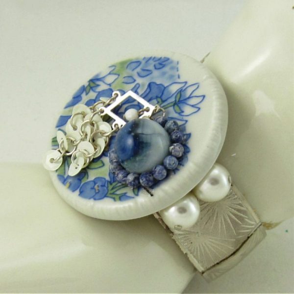 Blue Iris White Porcelain Wearable Art Bracelet