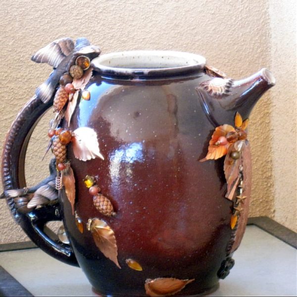 Robins & Pine Cones on Celtic Pottery Pitcher Structural Art