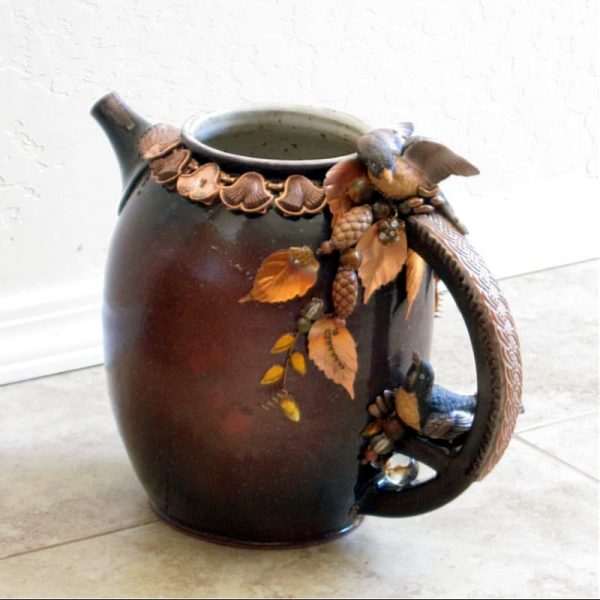 Robins & Pine Cones on Celtic Pottery Pitcher Structural Art