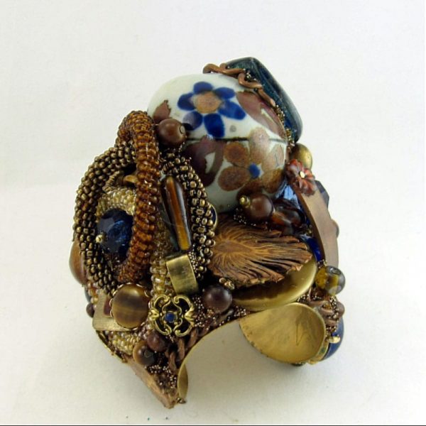 Midnight Blue Art Glass Cuff - Sculptural Assemblage Bracelet