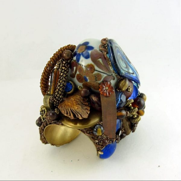 Midnight Blue Art Glass Cuff - Sculptural Assemblage Bracelet