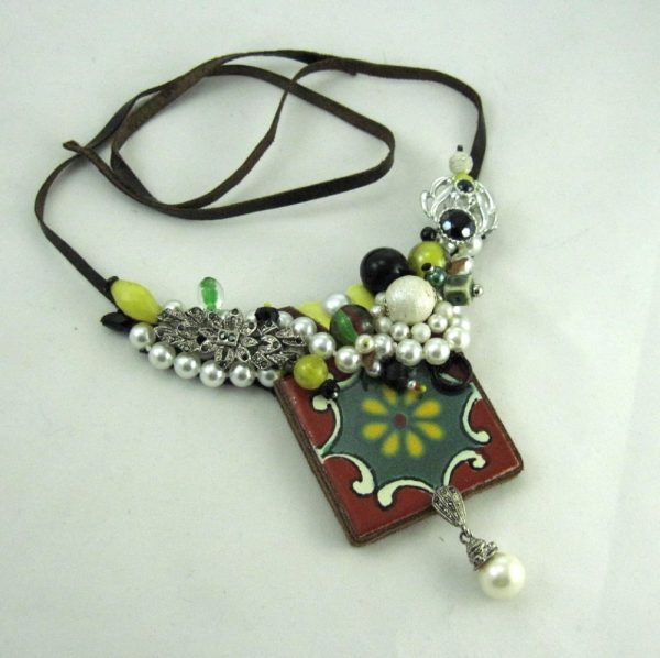 Painted Tile & Pearl Necklace