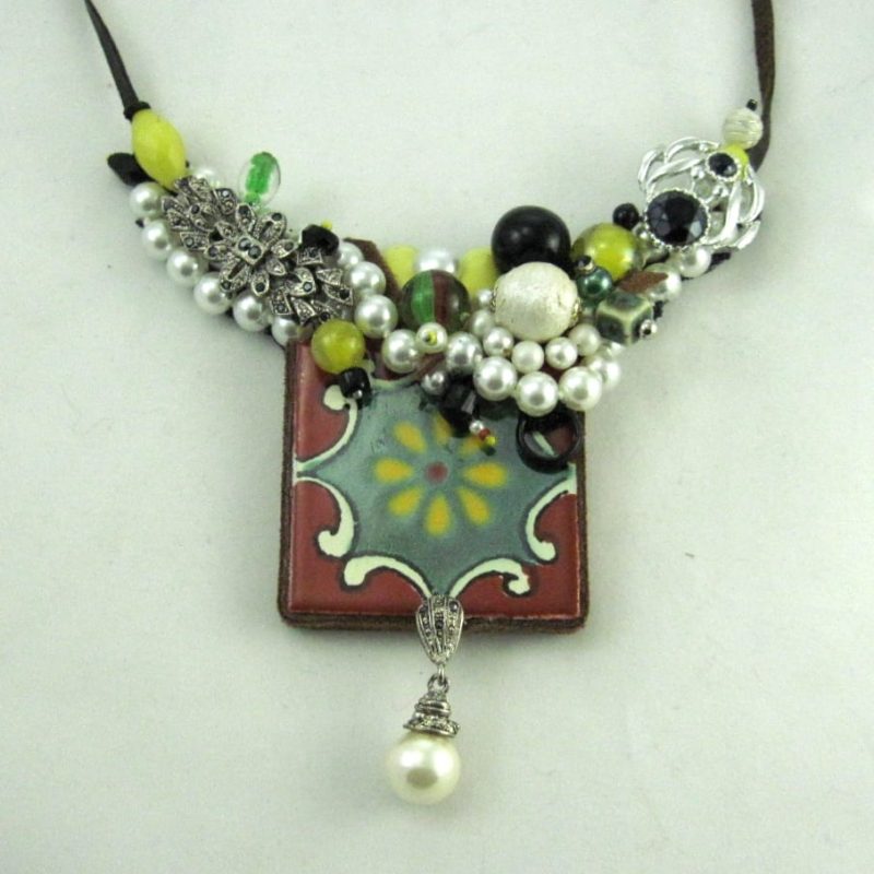 Painted Tile & Pearl Necklace