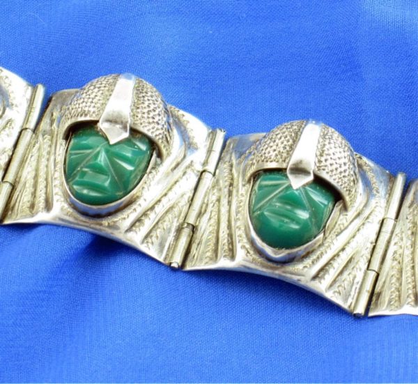 Mexico Sterling Silver Bracelet with Green Aztec Warrior Faces