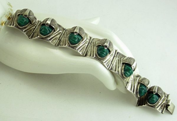 Mexico Sterling Silver Bracelet with Green Aztec Warrior Faces