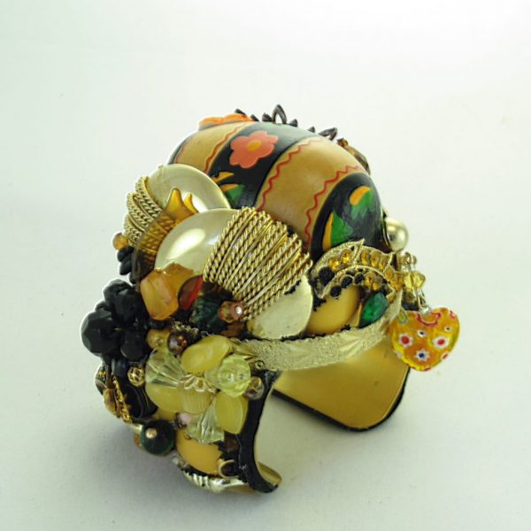Floral Banded Wood Egg Couture Cuff