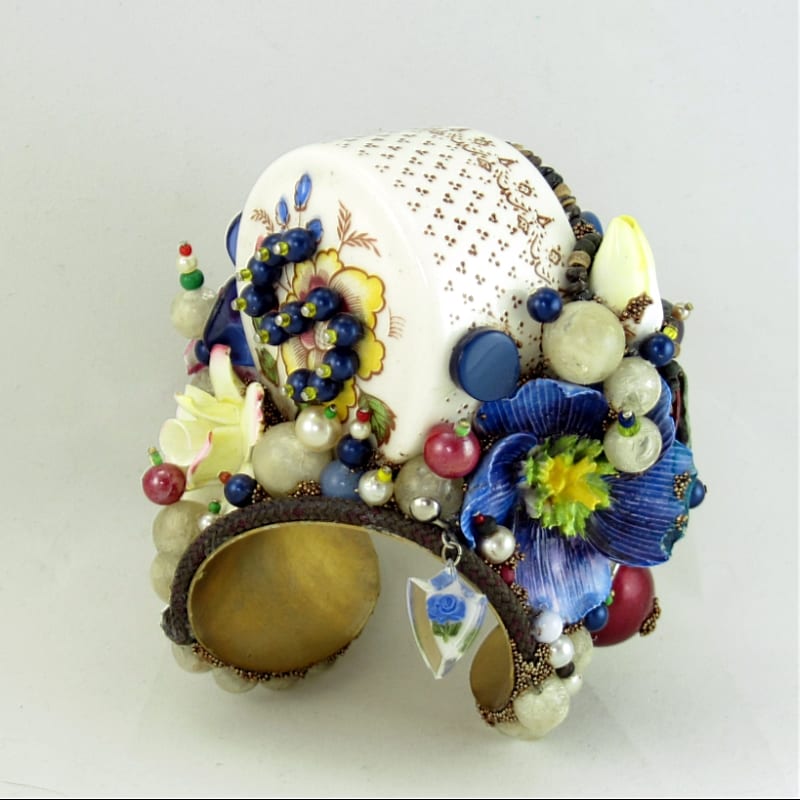 Flower Garden Salt Shaker Sculptural Art Cuff; Capodimonte Style Porcelain Flowers