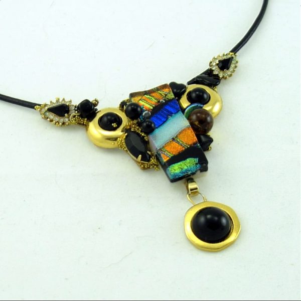 Rich Rainbow Fused Glass Art Assemblage Necklace