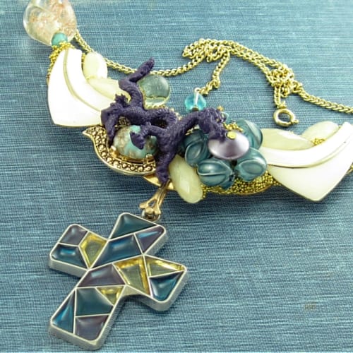 Stained Glass Art Necklace; Glass Cross and Purple Dragon Vintage Assemblage
