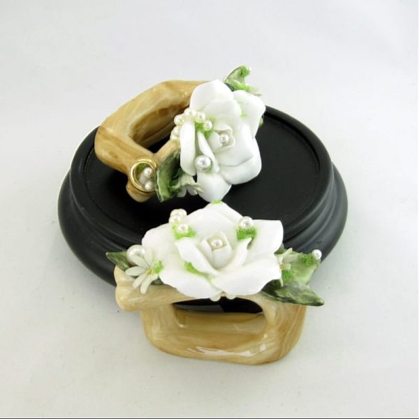 White Rose & Pearl Ceramic Napkin Ring Pair