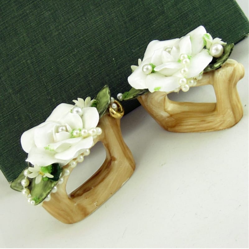 White Rose & Pearl Ceramic Napkin Ring Pair