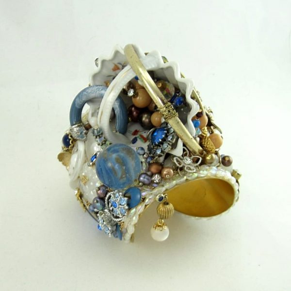 Vintage Couture Cuff Bracelet | Blue & Brown with Ruffled White Basket