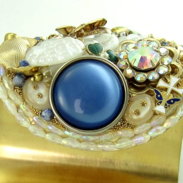 Vintage Couture Cuff Bracelet | Blue & Brown with Ruffled White Basket