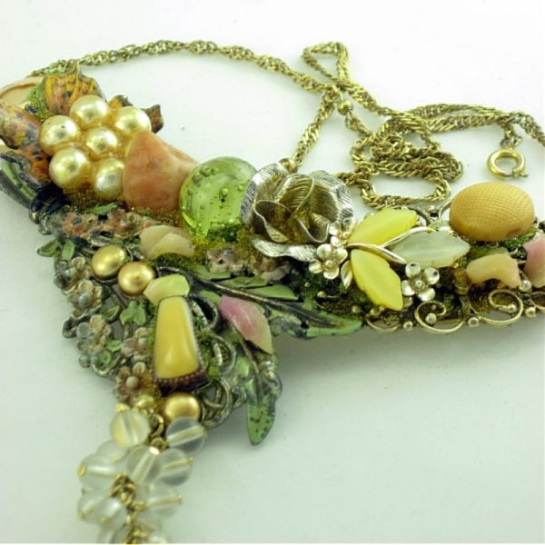 Garden Art Couture Necklace with Butterfly; Vintage Shoe Clips Costume Jewelry Recycled Assemblage